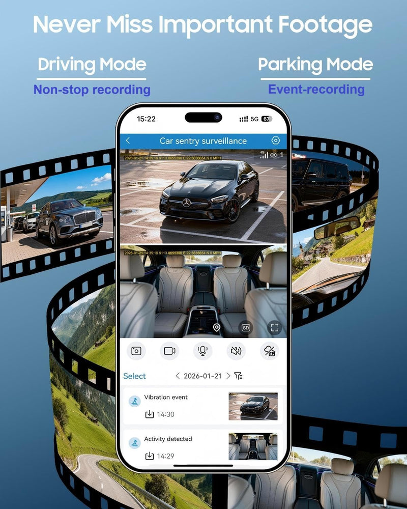XEGA 4G Dual Dash Cam with Live View OBD Powered Anti Vandalism Car Camera | 2K HD, 24/7 Sentry Mode, APP Alert, GPS Tracking, No WiFi No Screen, Non-replaceable Built-in SIM Card, Only Works in the US