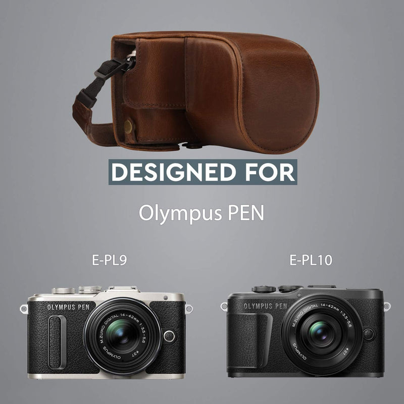 MegaGear Ever Ready Leather Camera Case Compatible with Olympus Pen E-PL10, E-PL9 (14-42mm) One Size Dark Brown