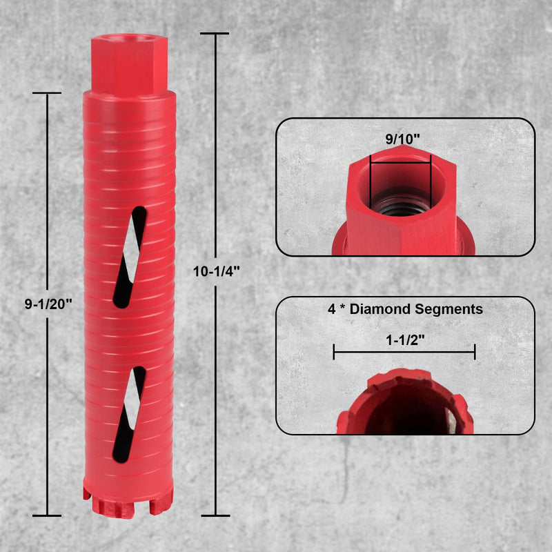 Diamond Core Drill Bit, 1-1/2" Diameter, 9-1/20" Drilling Depth, Laser-Welded Segmented Turbo Bit for Cured Concrete, Brick, Block, Masonry - Wet/Dry Use 1-1/2"(38MM)