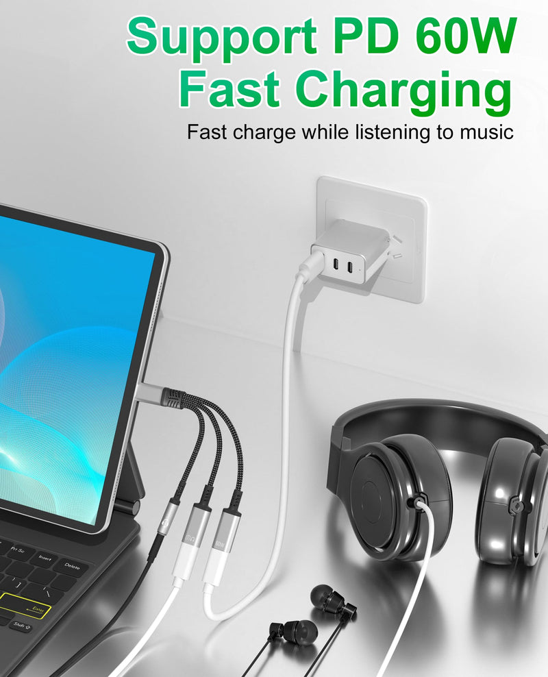 3 in 1 USB C Headphone Splitter Headphone Adapter with 60W Charging and Data, USB-C to 3.5mm Headphone & Dual USB C Splitter, PD Fast Charging/Data/Music/Calling for iPhone 17/16/15, iPad, MacBook