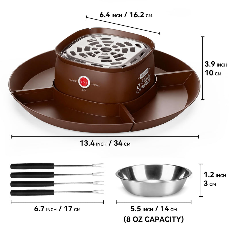SugarWhisk 2 in 1 Electric Smore Maker & Fondue Set, Marshmallow Roaster with 4 Forks, Indoor Smores Kit for Kids & Couples, Cheese & Chocolate Fondue Pot, 4 Detachable Trays, Brown