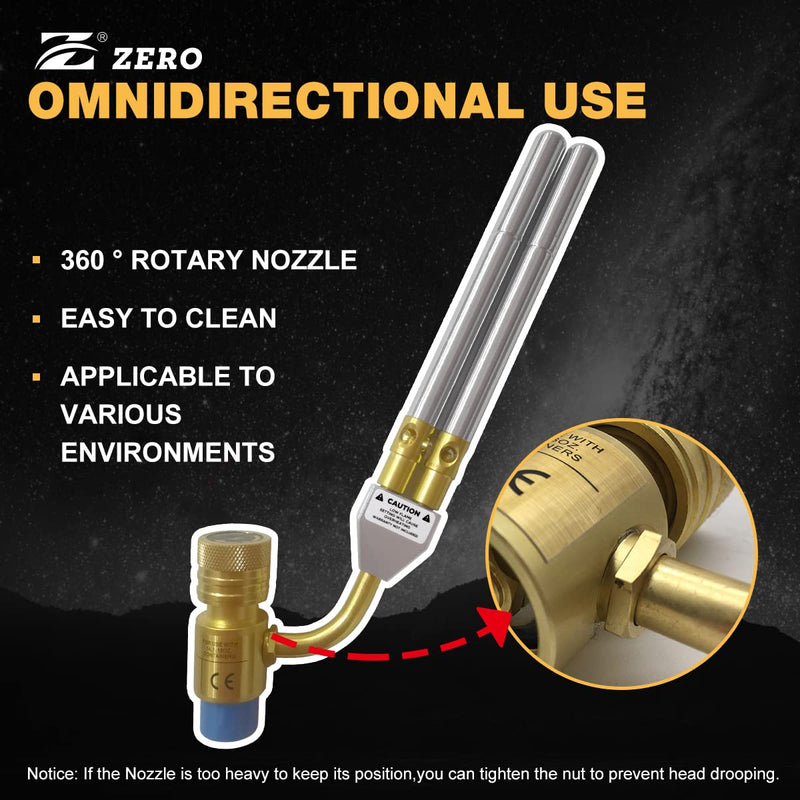 Zero ZR-1D1 Double Flame Map Gas Torch Kit, 360° Swivel Turbo Torch Head with Adjustable Flame, for Propane MAPP Gas, Professional Welding Brazing Plumbing HVAC Repair Yellow