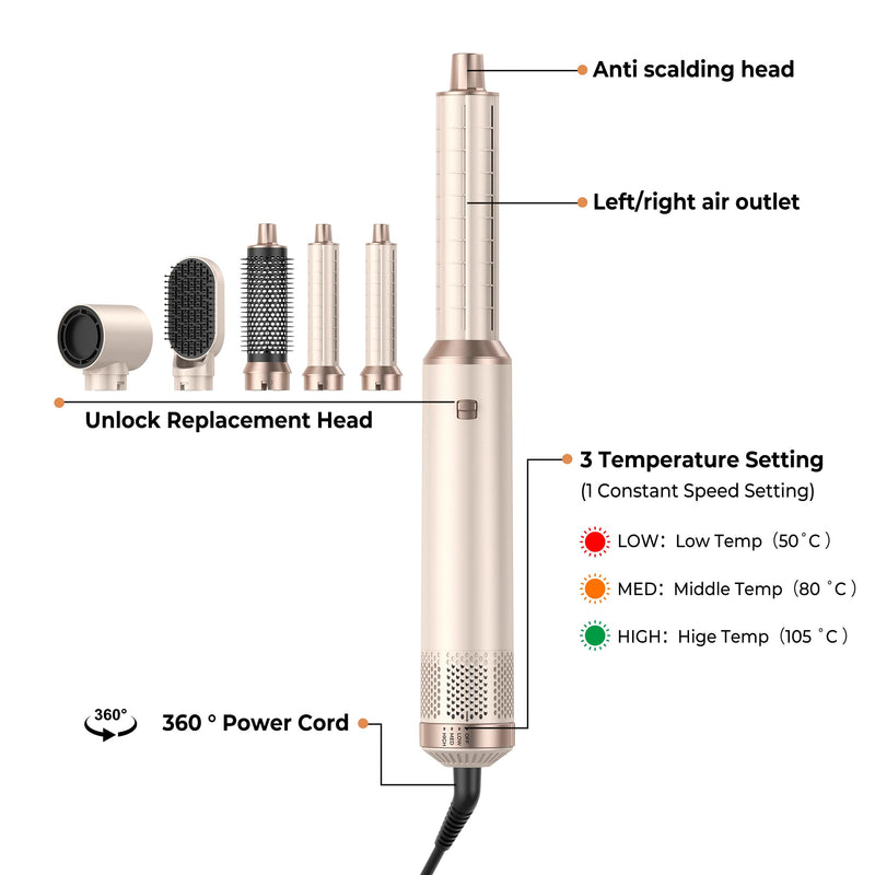 UKLISS Hair Styler 5 in 1 Airbrush 5 in 1 Airstyler Multi-Blow Dryer Brush | Air Brush 5 in 1 with Curl, Straighten, Wavy, Smooth, Magic Styler for All Hair Types and Lengths Gold