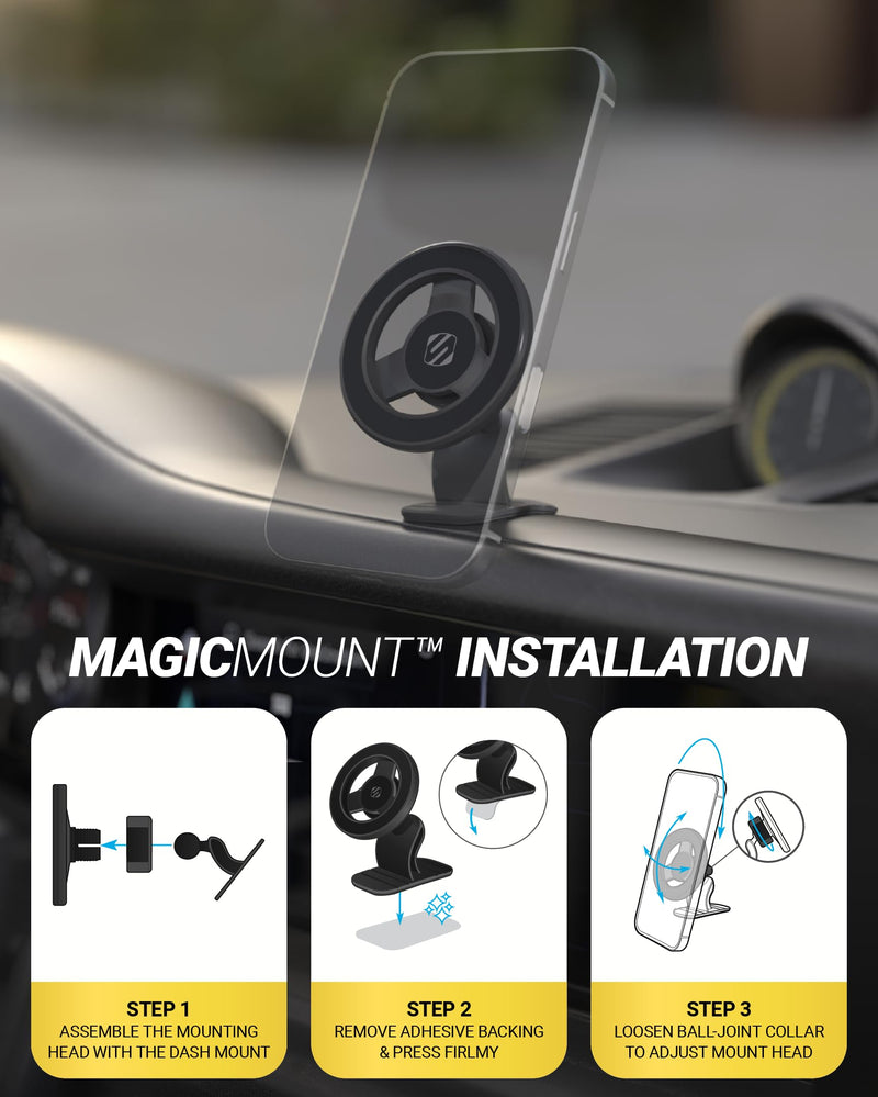 Scosche MagSafe Car Mount, Magnetic Dashboard Phone Holder for Car with 3M Adhesive Base, Strong Magnet Hold, 360° Rotatable Cell Phone Car Mount for iPhone 17/16/15/14/13/12, Includes Magnetic Ring 1 Pack Dash