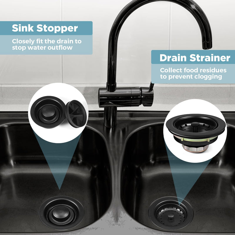 Zonon 5 Pcs 3-1/2 Inch Kitchen Sink Drain Strainer Assembly with Sink Garbage Disposal Flange and Stopper, Splash Guard Stainless Steel Replacement Accessories Kit(Black) Black