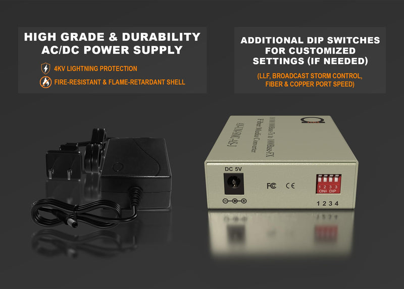 Single Mode LC Gigabit Fiber Media Converter - Includes LC SFP 20 km (12.42 Miles) LC – to UTP Cat5e Cat6 10/100/1000 RJ-45 – Auto Sensing Gigabit or Fast Ethernet Speed - Jumbo Frame - LLF Support