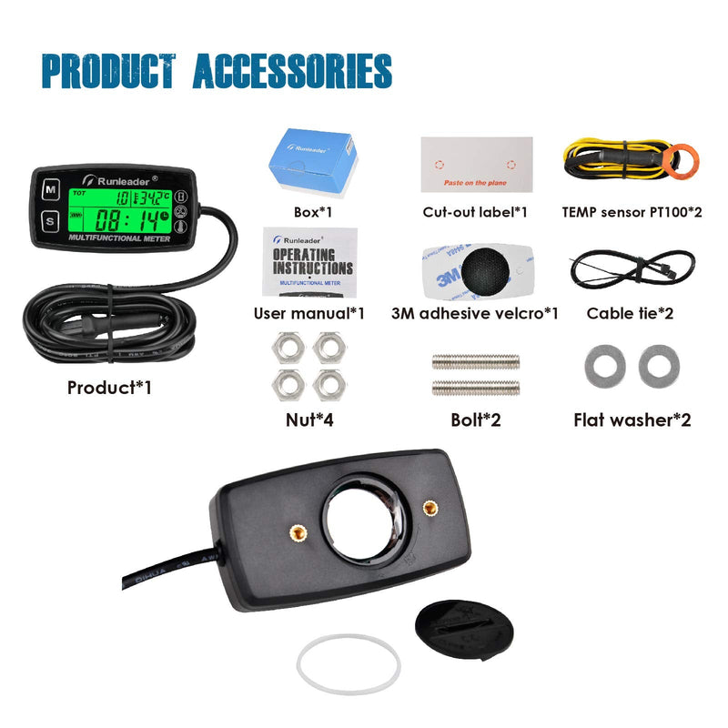Runleader Digital Tach Hour Meter,Engine Temperature Gauge,Alert RPM & Temp,Backlights Display for Lawn Tractor Compressor Generator Snowmobile Marine Jet Ski Pit Bike RL-HM035A-TS002