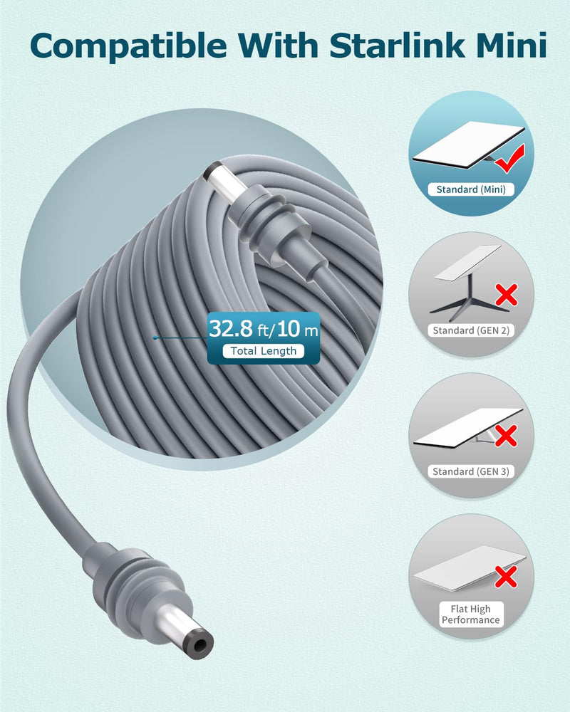 Starlink Mini DC Power Cable 32FT Extension Replacement DC Power Cord Cable | Starlink Mini Cable, 18AWG Waterproof Barrel Jack Plug 5.5 x 2.1mm, Suitable for Outdoor RV, Car, Boat 10M/32FT Gray
