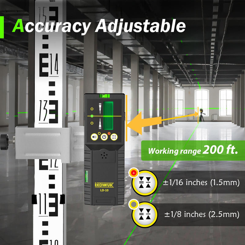 IKOVWUK Laser Detector for Level Tool, 200 ft Receiver with Pulse Mode | Dual-side LCD Display, Adjustable Accuracy & Volume, Clamp Included