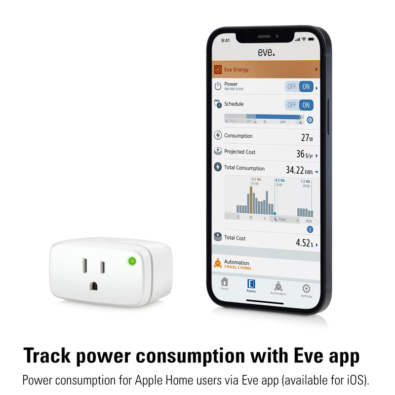 Eve Energy (Matter) 2 Pack – Smart Plug, App and Voice Control, 100% Privacy, Matter Over Thread, Works with Apple Home, Alexa, Google Home, SmartThings, Requires Thread Border Router