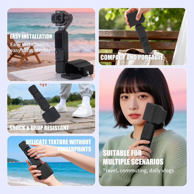 Soft Silicone Protective Case for DJI Osmo Pocket 4P Black | Separate coverage for the lens area, body, screen section, and 1/4-inch threaded handle; charging access stays open.