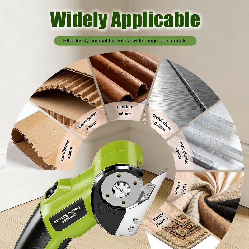 Cordless Electric Scissors, 4V Rechargeable Rotary Cardboard Cutter, 2 Blades, Safety Lock & LED Light, Multipurpose Cutter for Carton, Fabric, Carpet, Plastic, Leather