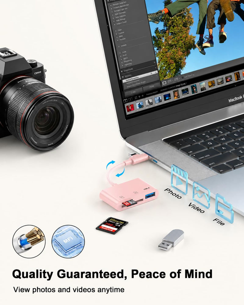 Pink 3 in 1 SD Card Adapter for iPhone, USB-C & Lightning, SD/TF/USB-A | Plug & Play, No App Needed; USB 3.0 High-Speed Reader With Braided Cable For SD/TF/USB-A Fast Photo Transfer Pink