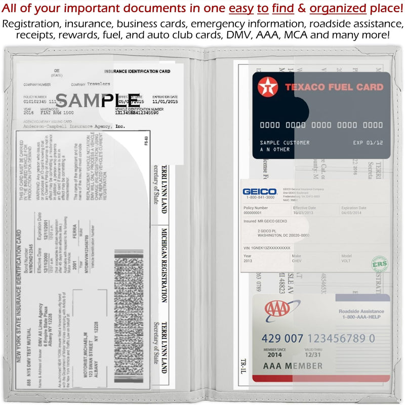 Auto Insurance and Registration Card Holder - Vehicle Glove Box Document Organizer - Car Essential Paperwork Holder for DMV, AAA, Contact Information Cards - Premium PU Leather Wallet Case - White