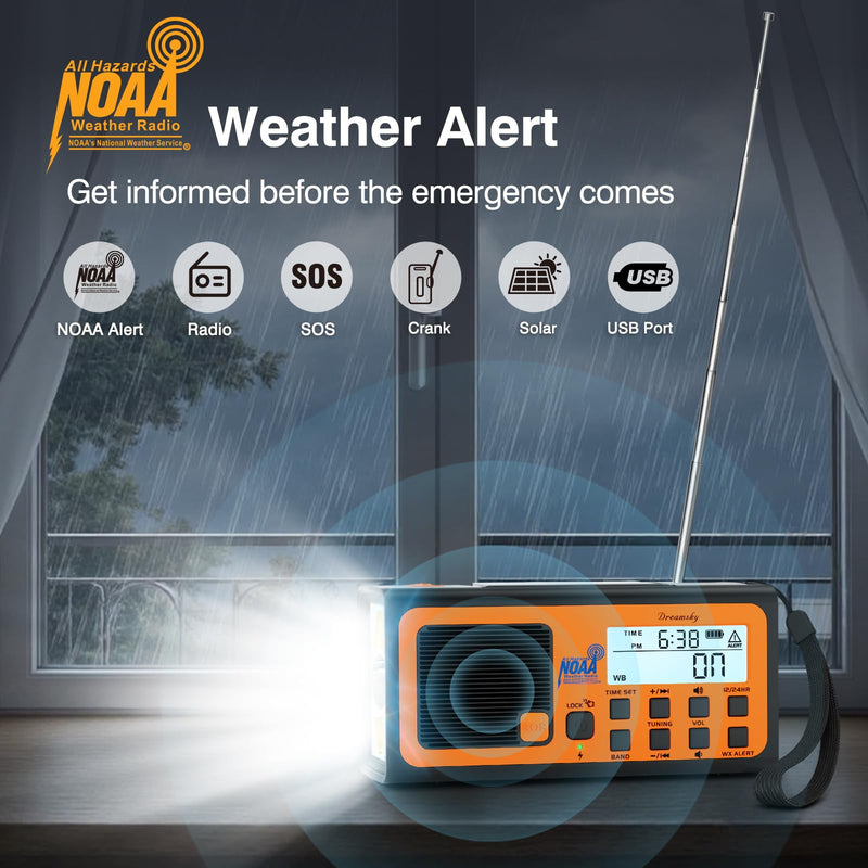 DreamSky Emergency Radio NOAA Weather Alert with Hand Crank | Radio Portable AM FM SW, 18500mWh Rechargeable Battery Operated, Solar Powered, SOS Alarm, Flashlight, Reading Lamp, USB Port Orange