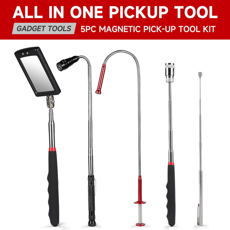 5-Piece Magnetic Pickup Tool Kit - Great Gift for Mechanics - Auto Repair & DIY - Find Nuts/Bolts/Screws - Includes 1lb & 10lb Telescoping Magnets - 360°Mirror & LED Light for Workshop Use