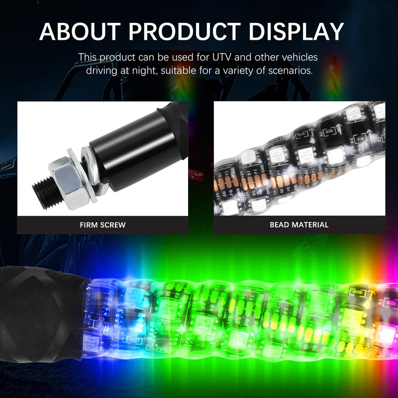 Whip Lights, 2Pcs 1FT RGB LED Whip Lights for Side by Side with Wireless Remote and APP Control, RGB Chasing Lighted Antenna Whips for UTV ATV Truck Polaris Dune Buggy RZR Can-Am