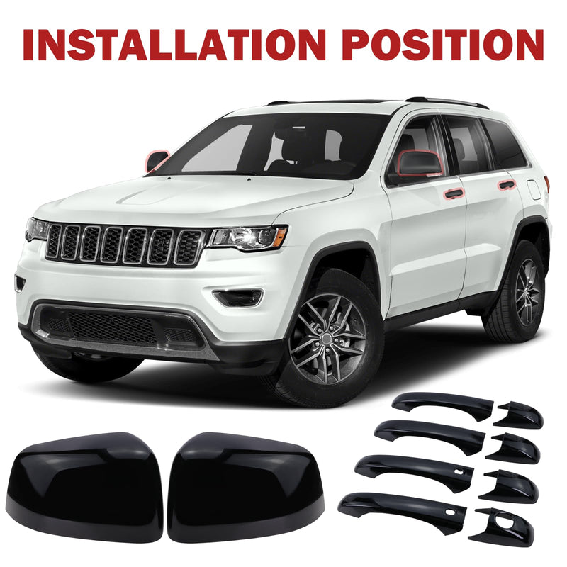 Left and Right Side Mirror Cover Cap and Door Handle Covers Compatible with 2011-2021 J-eep Grand Cherokee D-odge Durango (Black) Black