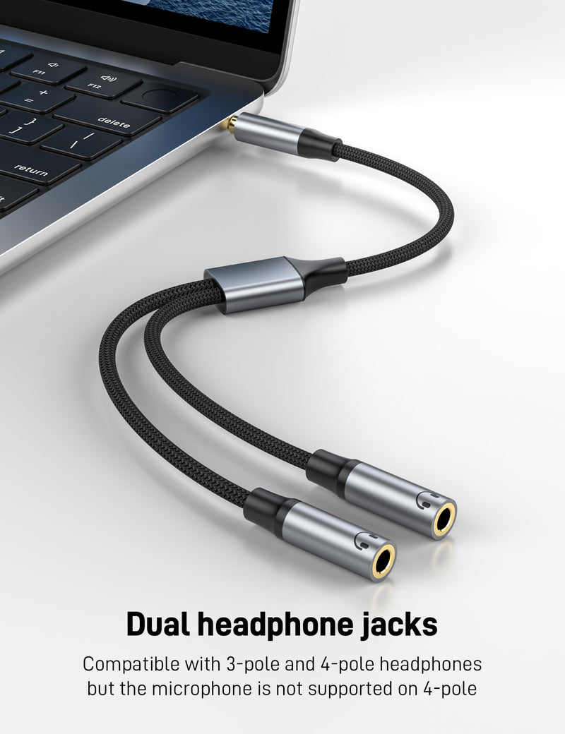 3.5mm Headphone Splitter, Aux Audio Stereo Y Splitter Extension Cable Male to Female Dual Headphone Jack Adapter for Switch 2/PS4/PS5 iPhone iPad, Tablet, Laptop. grey 1 Pack