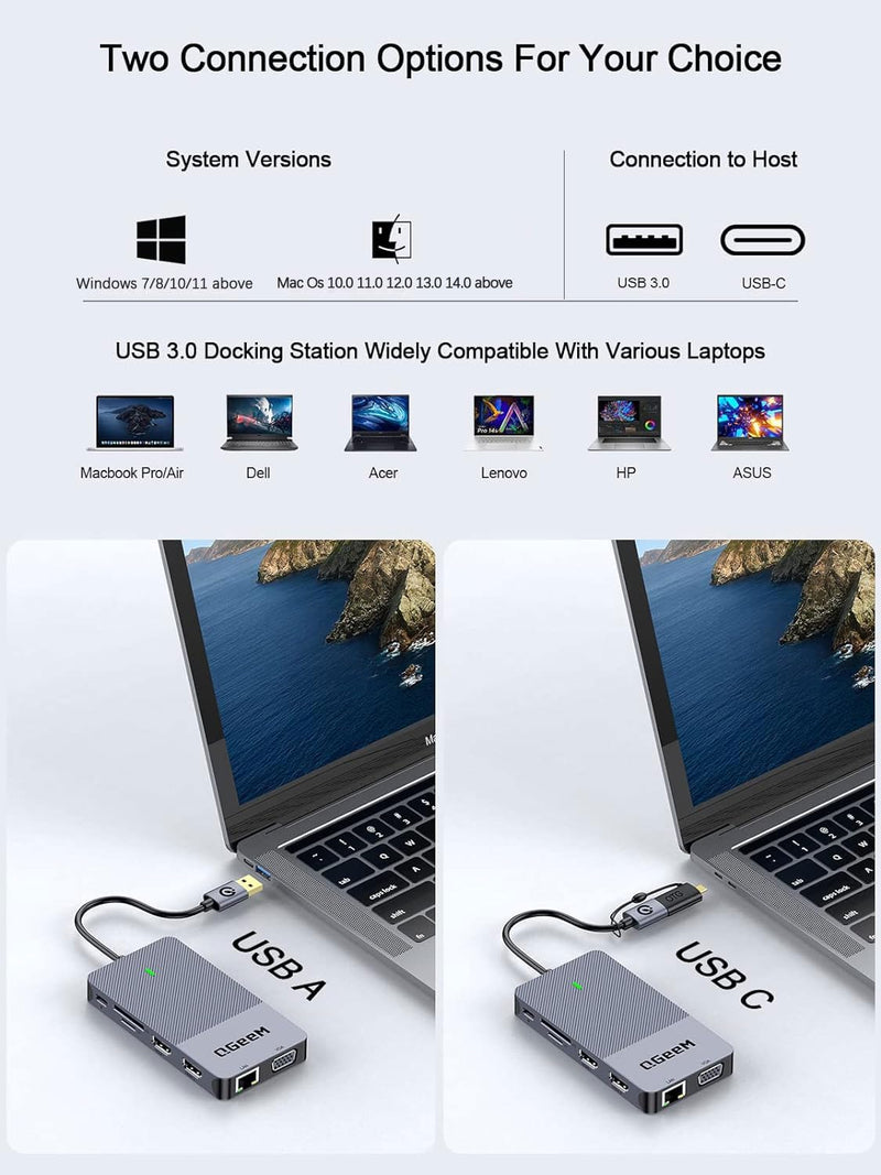 QGeeM USB 3.0 Laptop Docking Station, Triple Display USB Hub Hdmi Splitter Extender Dual Monitor,USB Dock with 2 HDMI, VGA, USB 3.0, Card Reder Compatible for MacBook M1 M2 M3 M4 Dell HP Lenovo Mac OS Classic Grey