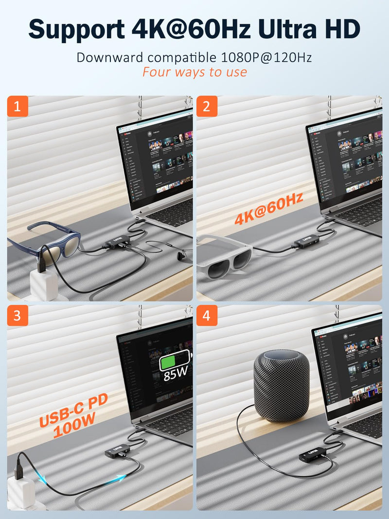 LIVIN USB C to Portable Monitor、AR Glasses XREAL One、Air 2 Pro/VITURE Pro/RayNeo Air 2s、3s/Rokid,【4K@60Hz+PD 100W+Audio 3.5mm】,USB C to Type C Adapter iPhone15/16、Android、PC、Switch、Steam Deck、Rog Ally