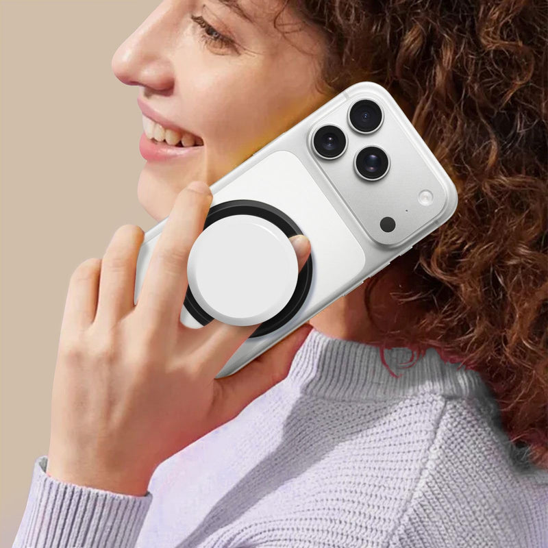 Magnetic Silicone Black White Phone Grip with Metal Ring, Expanding Collapsible Kickstand for MagSafe for iPhone 17/16/15/14/13/12, Tablets & E-Readers