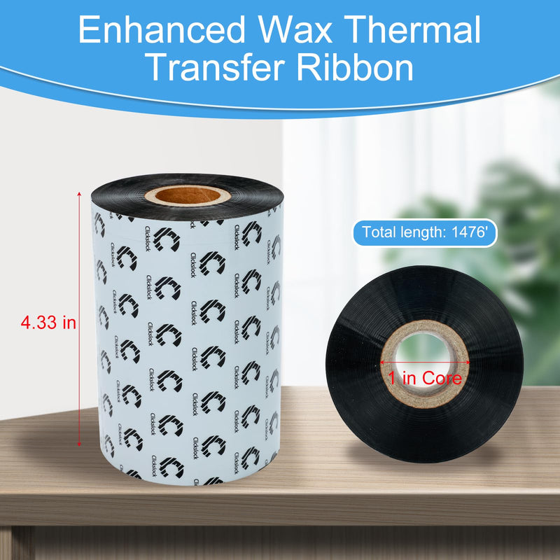 Premium Enhanced Wax Thermal Transfer Ribbon, 4.33" x 1476', 1 Roll | 110mm x 450m Black Barcode Label Ribbon with 1" Core for Zebra, Tsc, Godex, Citizen and Compatible Industrial Printers 1 Roll - 4.33''x1476'