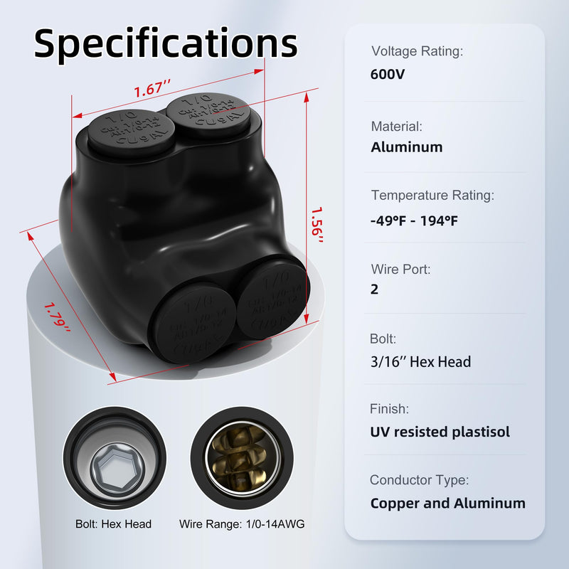 RVBOATPAT 6 Pack 2 Port Insulated Multi Tap Connector 1/0-14AWG Black Insulated Connectors 3/16" Allen Hex Aluminum Wire Connector 6PCS 2 port 1/0-14 AWG