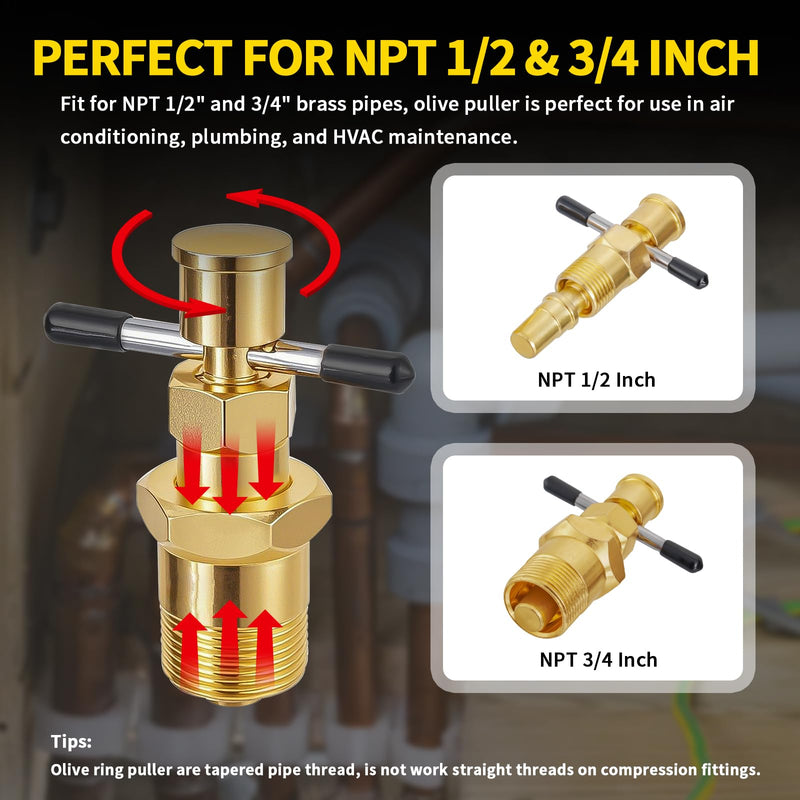 Olive Remover Puller for NPT 1/2 Inch and 3/4 Inch Compression Sleeve Puller Tool, Not Damage The Brass Pipe,Professional Plumber Ring Removal Tool Ferrule Puller NPT 1/2" & NPT 3/4"