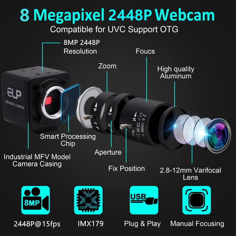 USB Camera 8MP 5X Optical Zoom Webcam 2.8-12mm Manual Varifocal Lens,USB Webcam with CMOS IMX179 Image Sensor Video Conference Web Cameras for Computer,Laptop, Raspberry Pi,Jetson Nano 2.8-12mm Varifocal Lens
