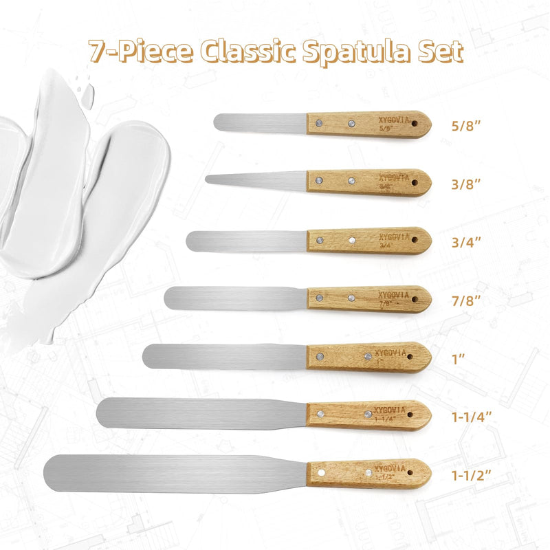7-piece Caulking Spatula with Wooden Handle, Professional Stainless Steel Caulk Tool Set Finishing Tools, Streamline Spatulas for Caulk Application 7PCS