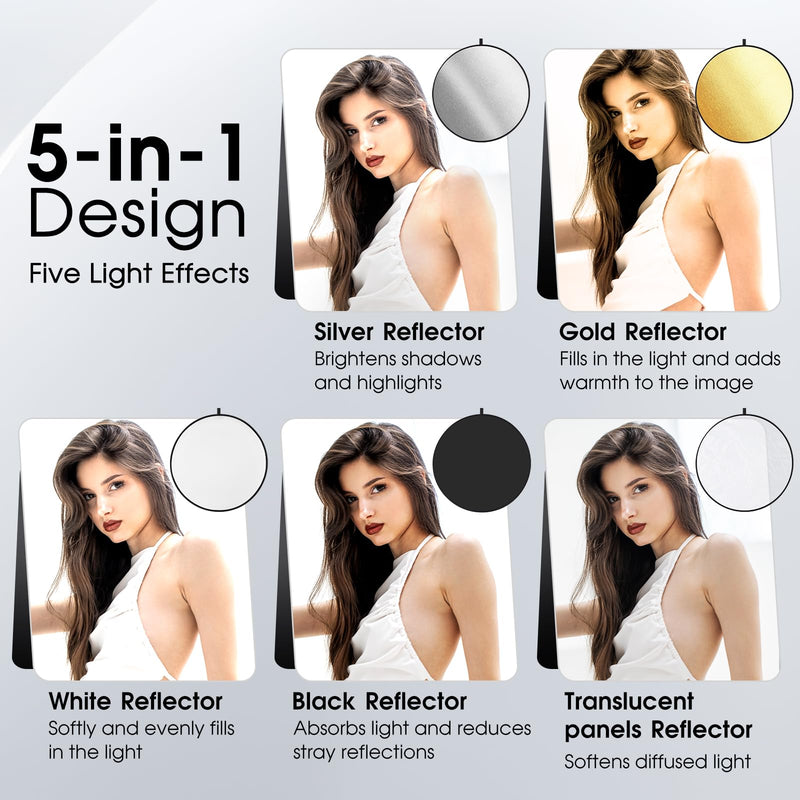 5-in-1 Light Reflector 43 Inch/110 cm Photography Diffuser Collapsible Portable with Bag，Gold Silver White Black Translucent for Studio and Outdoor Lighting (43'' (110cm)) 43'' (110cm)