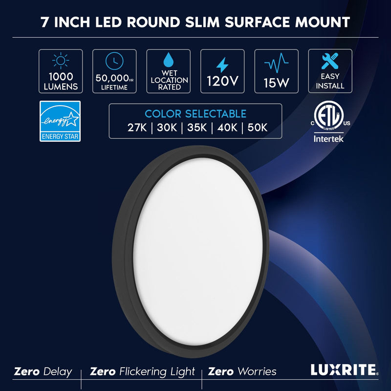 LUXRITE 7 Inch LED Flush Mount Ceiling Light, Dimmable, 15W 1000LM, 5CCT 2700K 3000K 3500K 4000K 5000K, Ultra Slim Round LED Ceiling Light, Wet Rated, Energy Star, ETL - Black