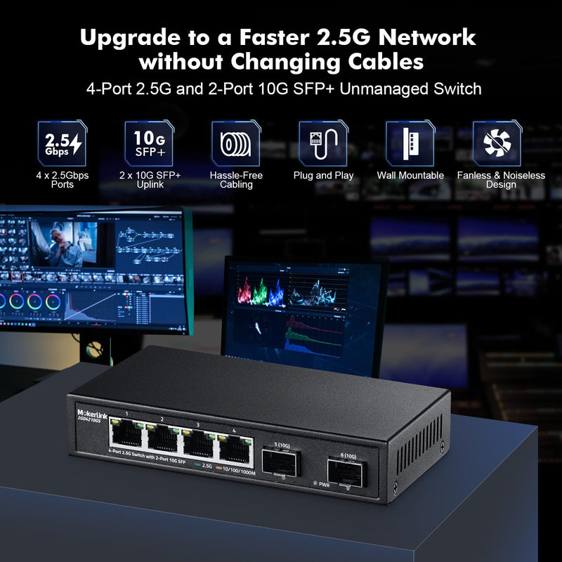 MokerLink 4 Port 2.5G Ethernet Switch with 2x10G SFP, 4 x 2.5G Base-T Ports Compatible with 10/100/1000Mbps, Metal Unmanaged Fanless Network Switch 4*2.5G,2*10G SFP