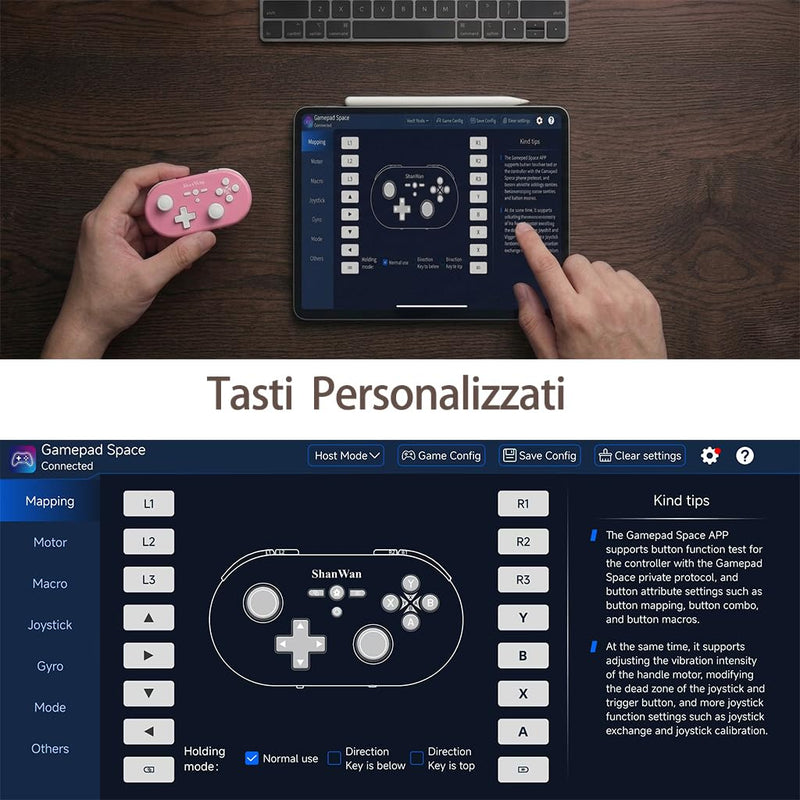 ShanWan wireless handheld controller, suitable for Switch/Switch 2/Android/iOS/PC/Steam Deck/phone, 1000Hz polling rate, with custom keyboard mode for Procreate drawing Bluetooth controller/6-axis gyroscope/vibration (blue) blue