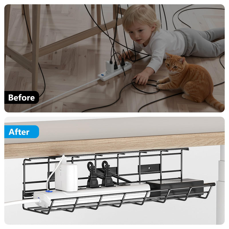 DELAMU 1 Pack Under Desk Cable Management Tray, Black | Metal Wire Organizer for Desk, Easy Install Pre-drilled, Holds 15lb, Wire Management Wire Organizer, For Office & Home