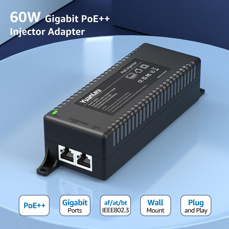 YuanLey Gigabit PoE Injector 60W, PoE++ Injector Converts Non-PoE to PoE++ Network, IEEE 802.3at/af, 10/100/1000Mbps PoE Adapter, Distances Up to 325 Feet, Plug & Play, Wall-Mounted 60W | Gigabit