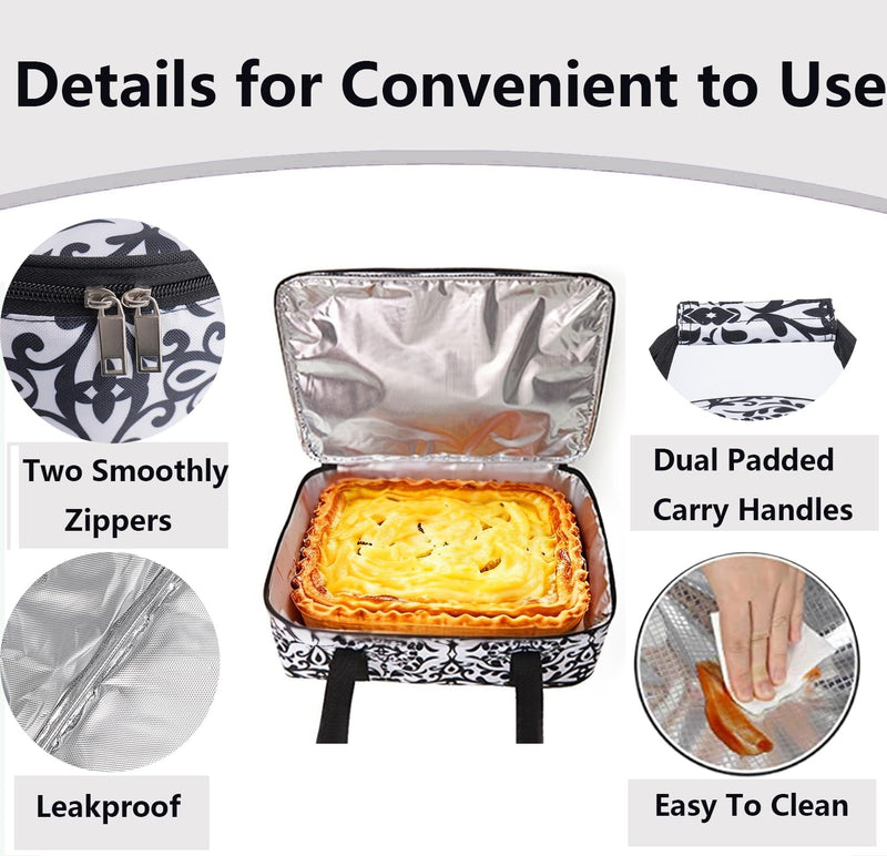 Insulated Casserole Carrier Bag - Portable Thermal Food Delivery Bag for 9x13/11x15 Inch Pan - Keep Meals Hot/Cold 4+ Hours for Catering, Festival Potlucks, Picnics, Family Gathings or Outdoor Events Black/White 16.53x 11.4x 4.7 in