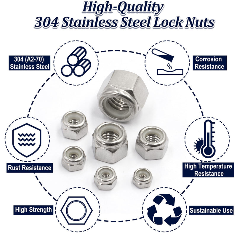 ZQZ 220 Pack SAE Nylon Insert Locknuts Assortment Kit,6#32 8#32 10#24 10#32 1/4"-20 5/16"-18 3/8"-16 1/2"-13 Nylock Nuts Sets,304 Stainless Steel Standard Inch Threaded Lock Nuts SAE Assortment; 220pcs Silver
