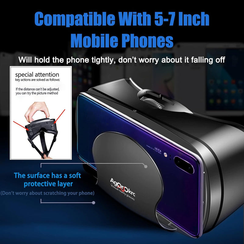 VR Headset with Controller Adjustable 3D VR Glasses Virtual Reality Headset HD Blu-ray Eye Protected Support 5~7 Inch for Phone/Android Black