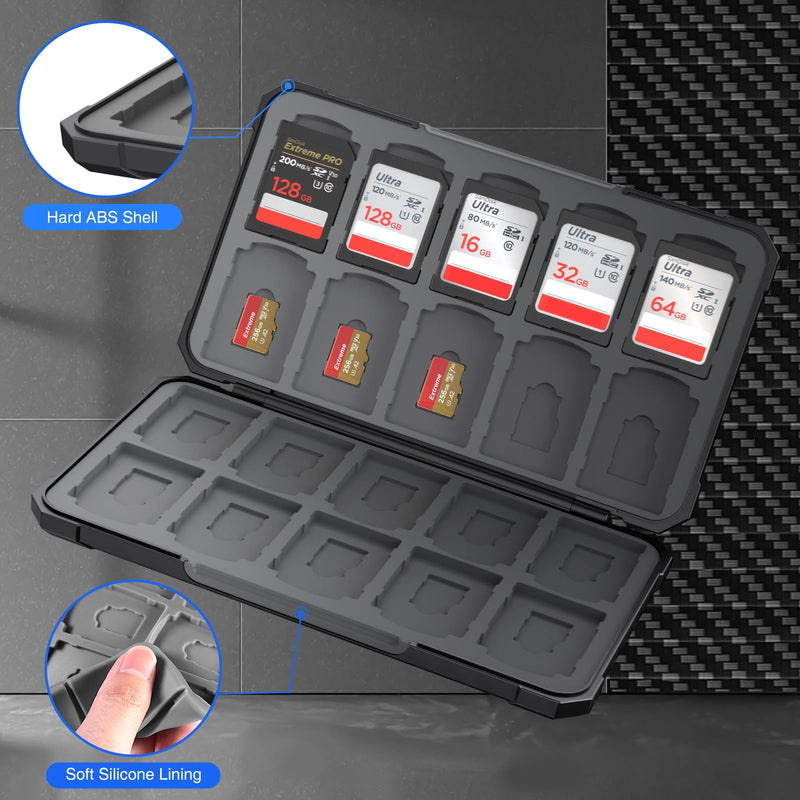 HEIYING Memory Card Case for SD Card and TF Card, Portable SD Card Holder SD SDHC SDXC TF Card Storage with 20 SD Card Slots & 20 Micro SD Card Slots. Upgrade Carbon Fiber Black