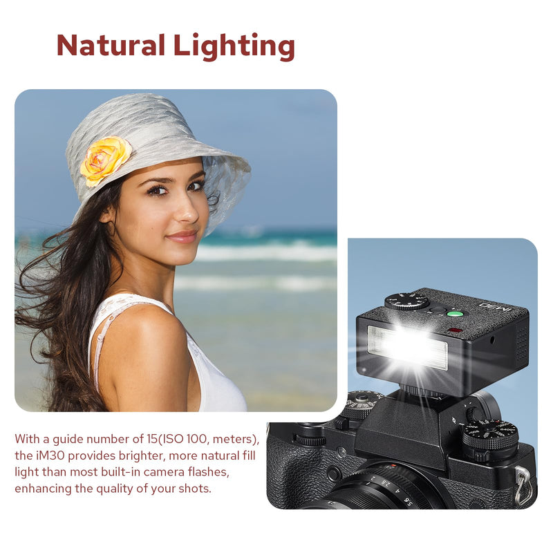 Godox IM30 Mini Camera Flash, Super-Portable 78g Pocket Sized, 7 Level Dimming, GN15, 230 Full-Power Flashes 3.6s Recycle Time Compatible with Canon/Nikon/Sony/Fujifilm Camera Godox IM30