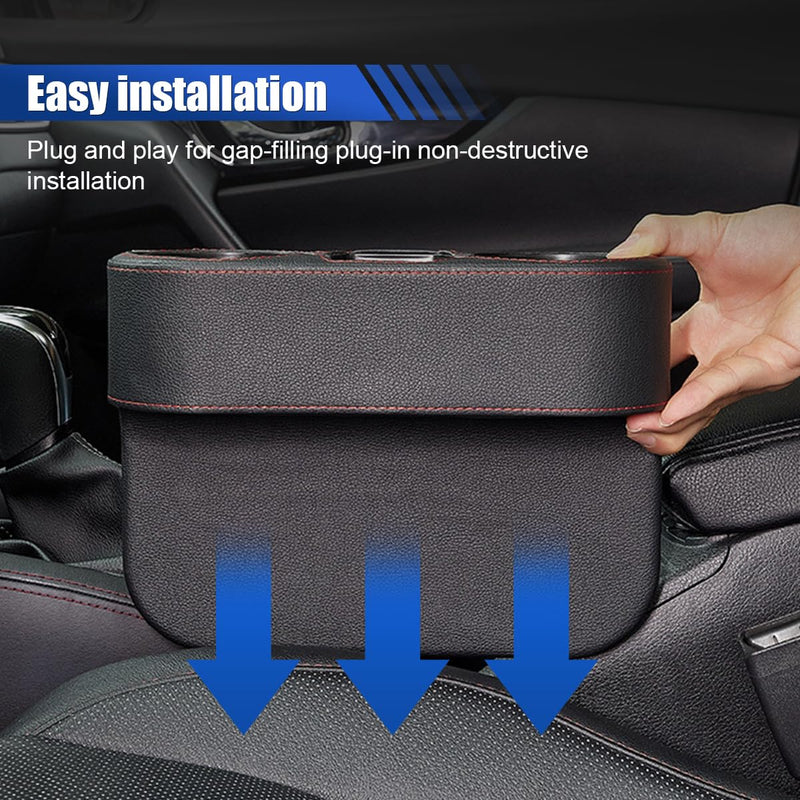 Car Cup Holder, Auto Front Seat Organizer, Multifunctional Cup Drink Holders with PU Leather Cover, Gap Filler Storage Box Coin Bucket Console Side Pocket Cell Mobile Phone Holder (Black) Black
