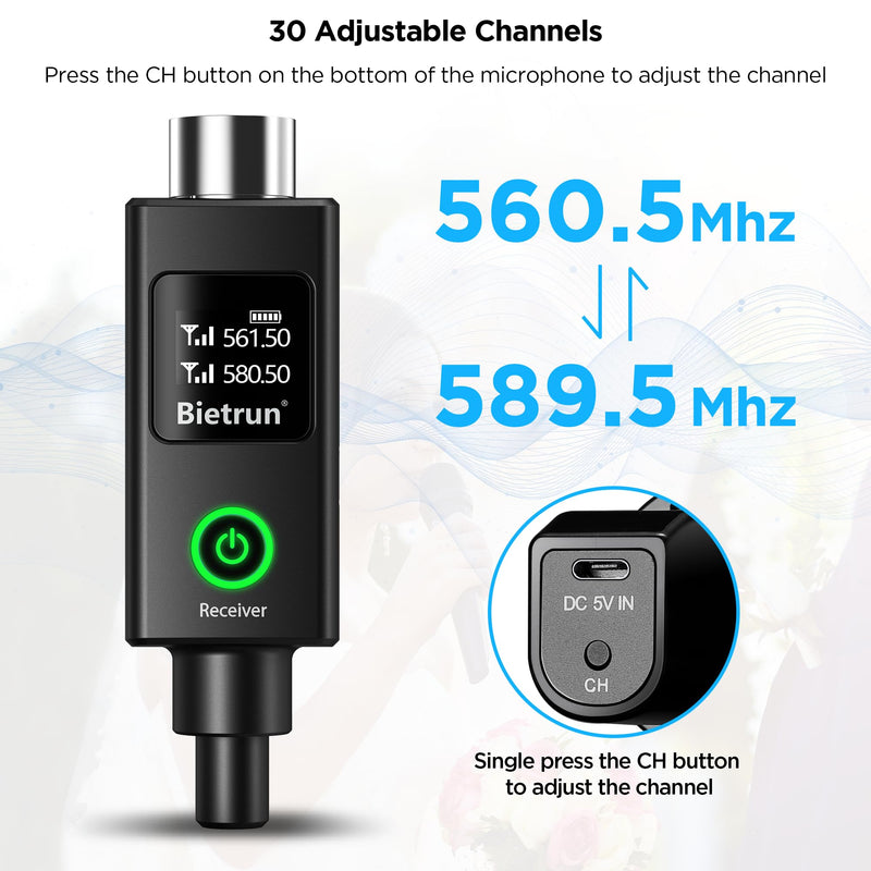 Bietrun XLR Wireless Microphone, Rechargeable Dual Metal Cordless Handheld Dynamic Mics for Mixer, Audio Interface, PA Amplifier System, Church, Singing, Karaoke(UHF 240FT Range)(with 6.35 Adapter) XLR Rechargeble Rechargeable Microphone-WXM19-2