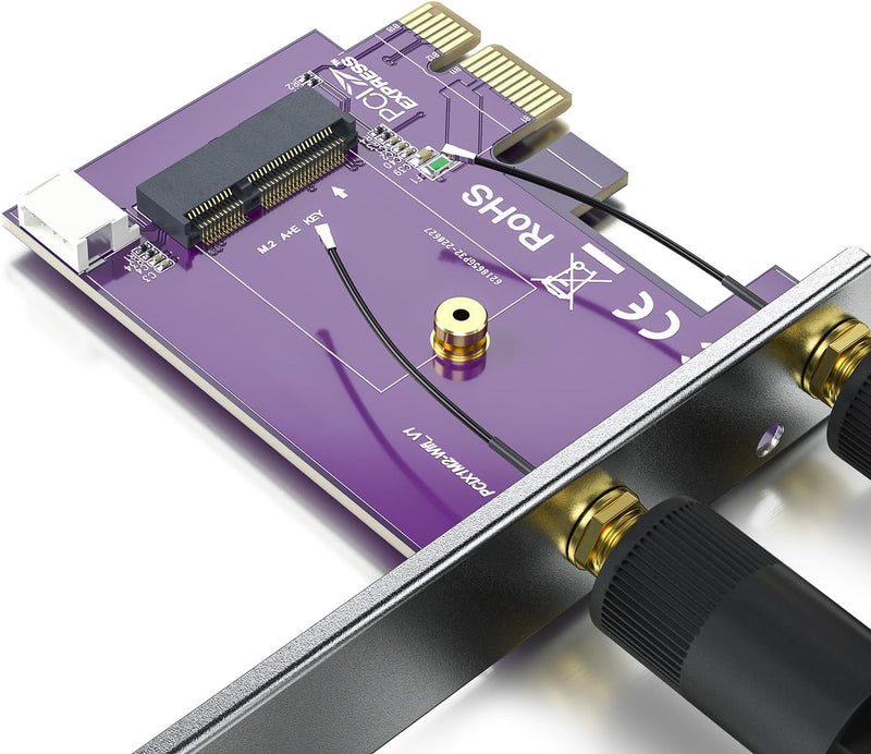 H!Fiber PCIE X1 to M.2/NGFF (A+E Key) Module Adapter Card with Dual-Band 2.4&5G 2X 5dBi Antenna M.2/NGFF (A+E Key)