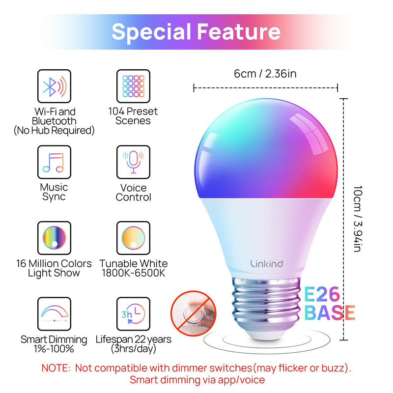 Linkind Smart Light Bulbs, Smart Bulb that Work with Alexa, Google Home, AiDot, LED Light Bulbs Color Changing RGBTW, 104 Preset Scene, Music Sync, Dotis, A19 E26 2.4G WiFi Bluetooth 60W 800LM, 4Pack 4 Count(Pack of 1)