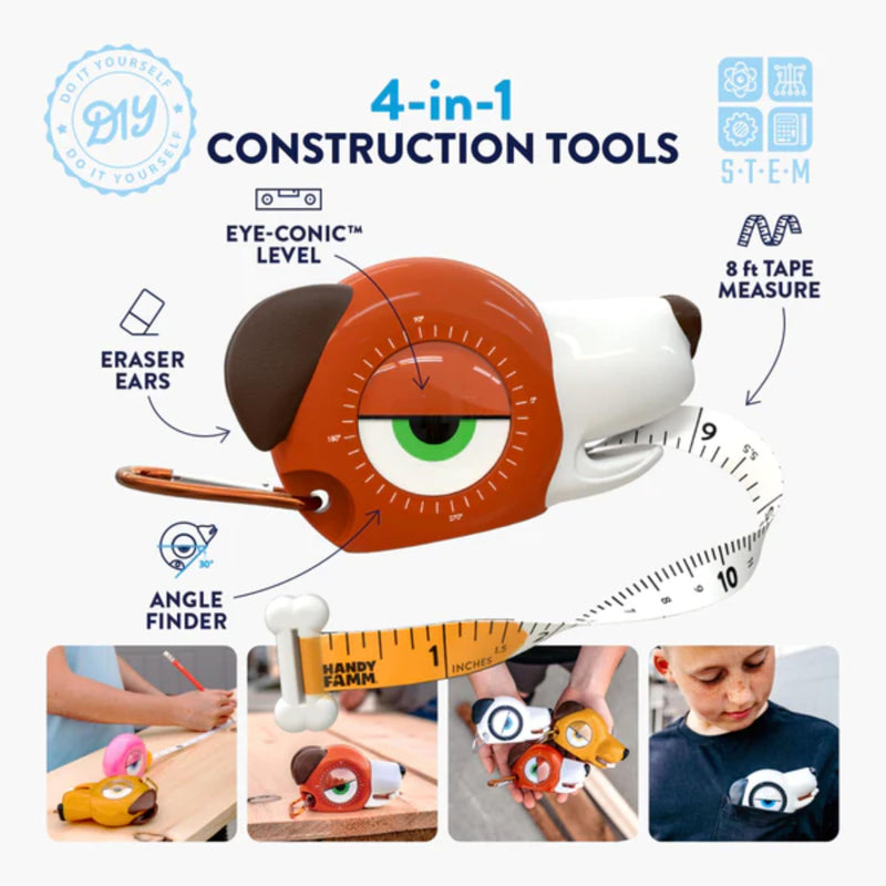 Handy Famm Fido The Dog 4-in-1 Kids Measuring Tape with Adjustable Level Eye, Angle Finder & Eraser Ears – Montessori STEM Educational Toy, Real Tape-Measure for Children Ages 3+
