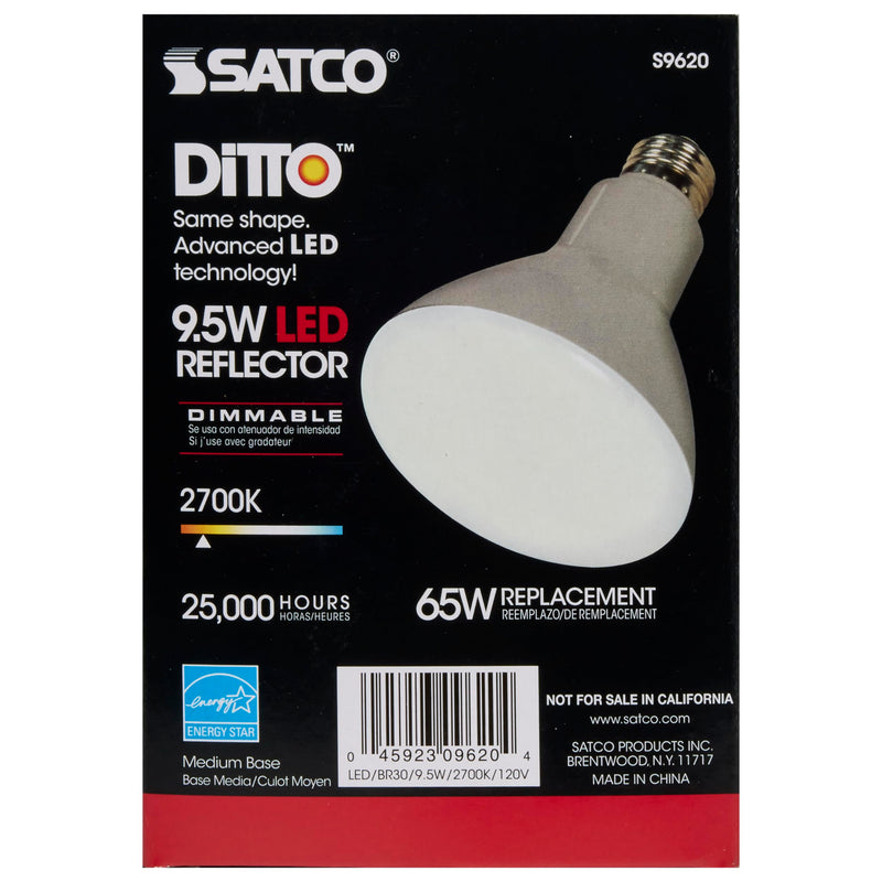 Satco S9620 9.5 Watt BR30 LED Reflector Light Bulbs - 65W Equivalent - 2700K Warm White - 105 deg. Beam Angle - E26 Medium Base - Dimmable - 120 Volt - 25,000 Hours (6 Pack) 6 Pack