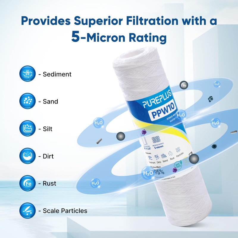PUREPLUS 5 Micron 10"x2.5" Whole House String Wound Sediment Filter for Well Water, Replacement Cartridge for Universal 10 inch RO System, WP-5, Aqua-Pure AP110, CFS110, Culligan P5, WFPFC4002, 4Pack 10"*2.5" 4 Count (Pack of 1)