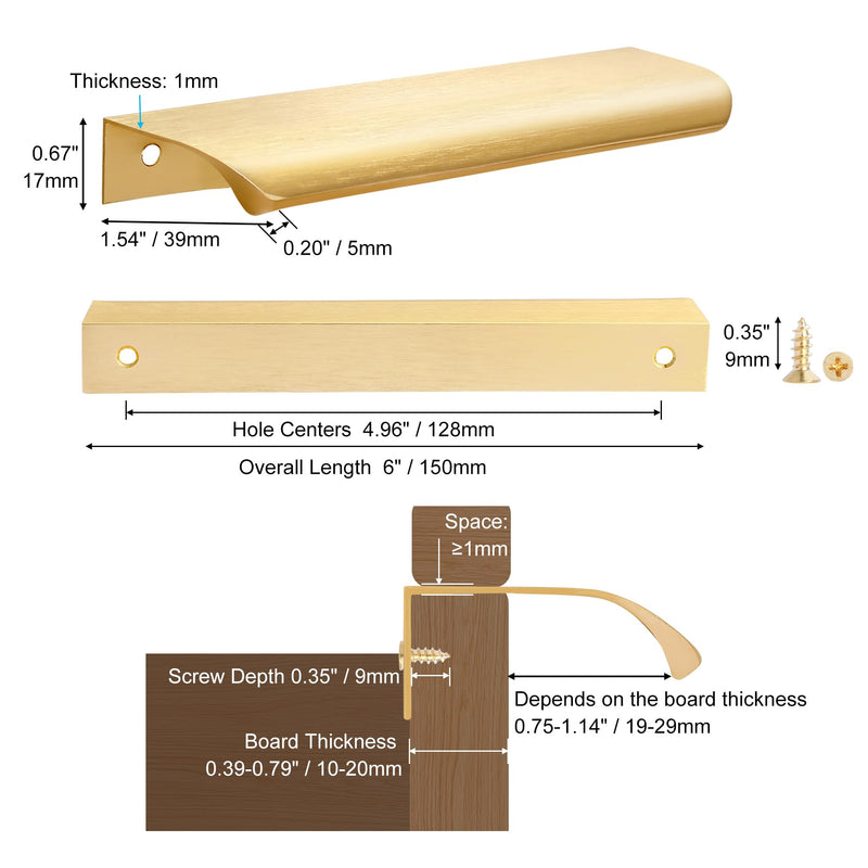 CozyTower 10 Pack Dark Gold Edge Finger Pulls for Cabinets, 6" Kitchen Cupboard Handles Modern Aluminum Concealed Tab Drawer Pulls for Closet Door, Brushed Dark Gold 6" (150mm) - 10 Pack Brushed Gold
